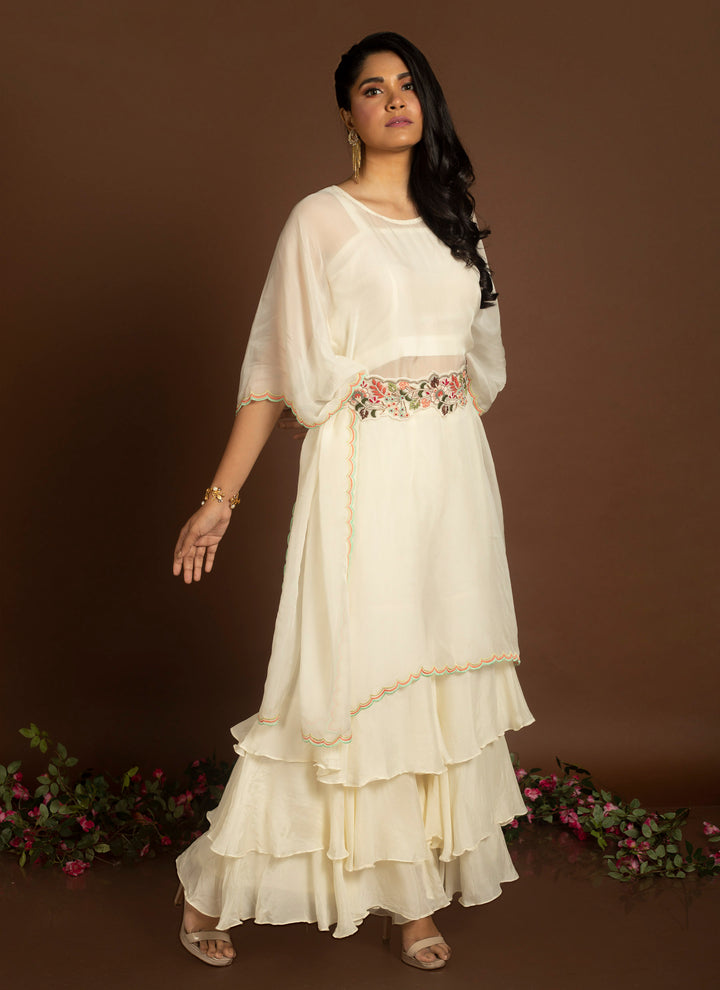 Ivory white kaftan dress with layered sharara and embroidered belt