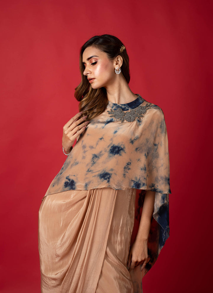 Beige bomb dye pleated drape dress