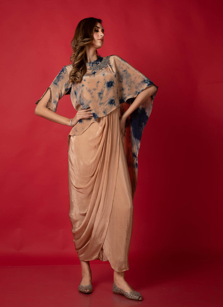 Beige bomb dye pleated drape dress