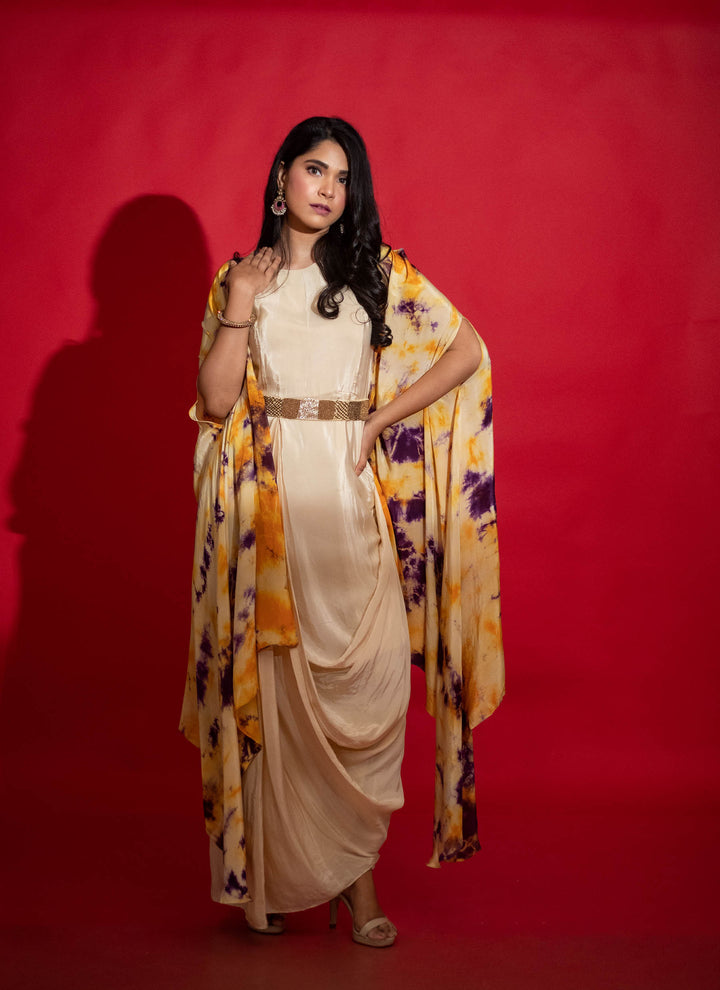Cream Cowl Dress With Bomb Dye Cape And Belt