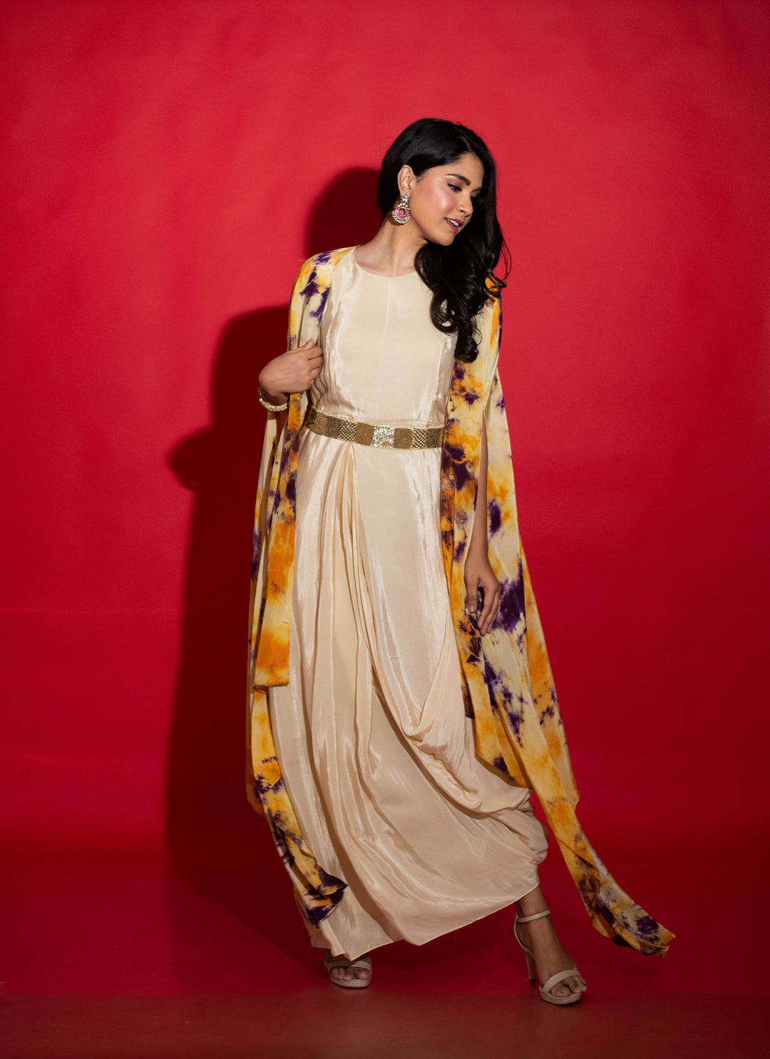 Cream Cowl Dress With Bomb Dye Cape And Belt