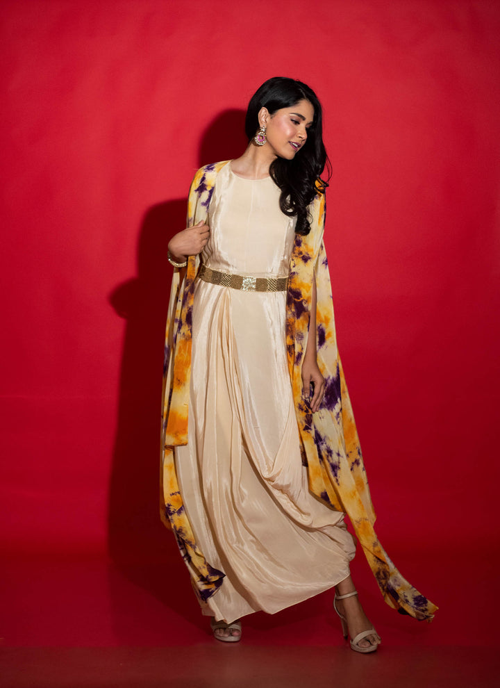 Cream Cowl Dress With Bomb Dye Cape And Belt