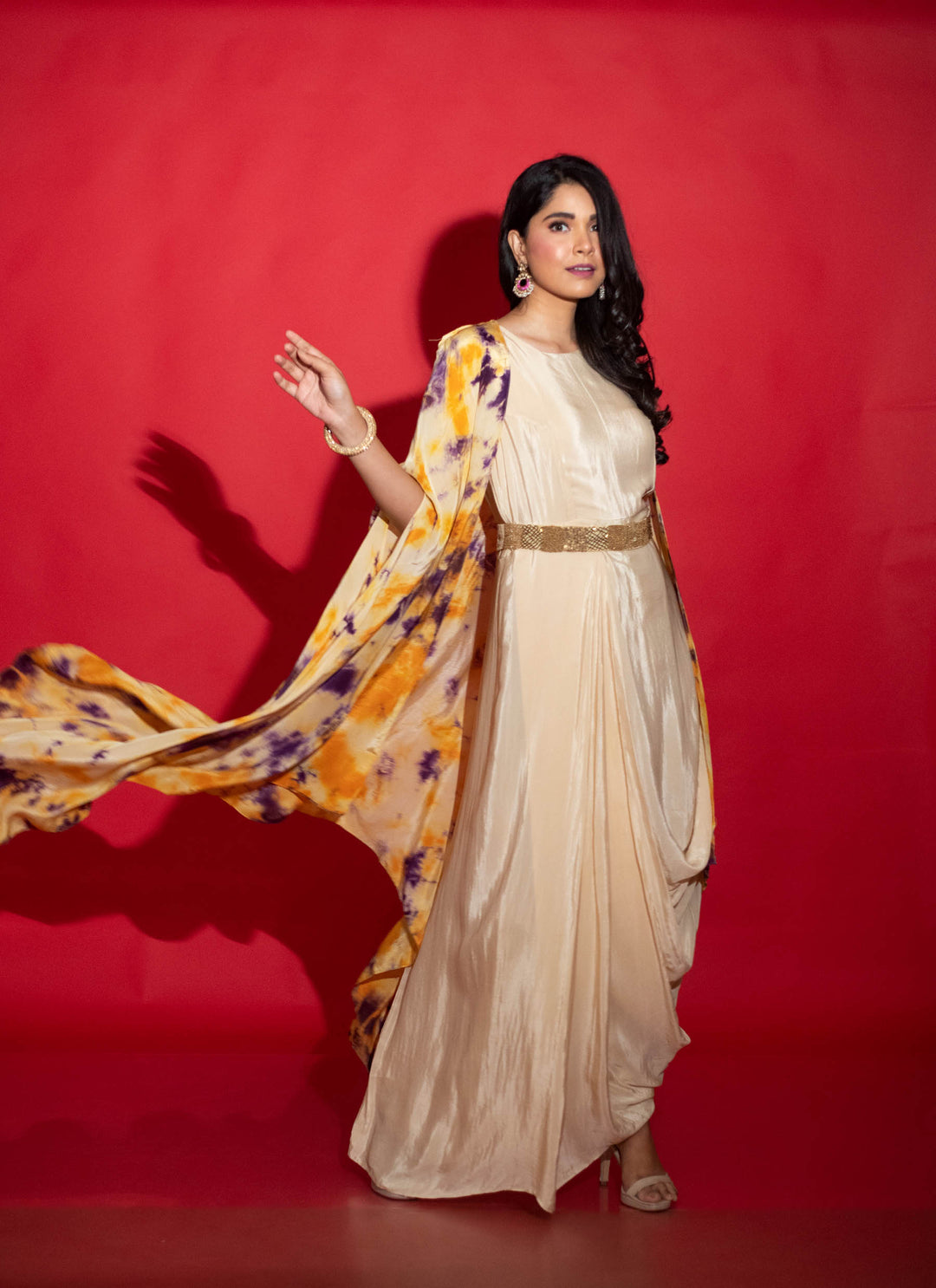 Cream Cowl Dress With Bomb Dye Cape And Belt