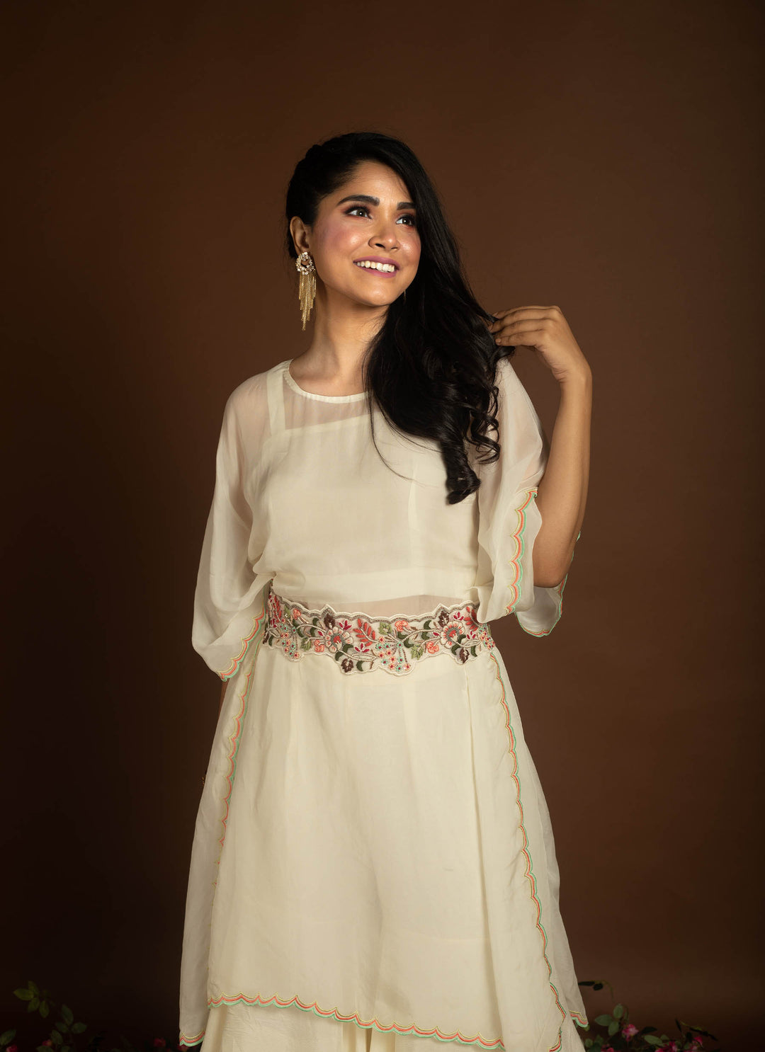 Ivory white kaftan dress with layered sharara and embroidered belt