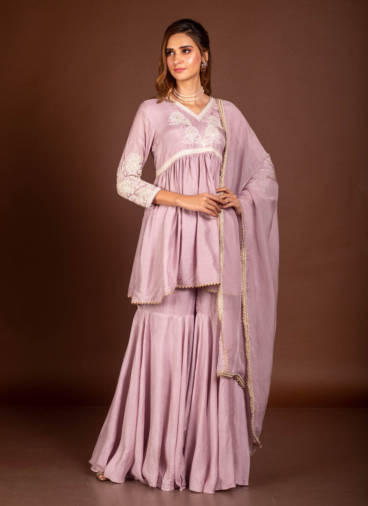 Lavender pearl peplum with sharara and dupatta