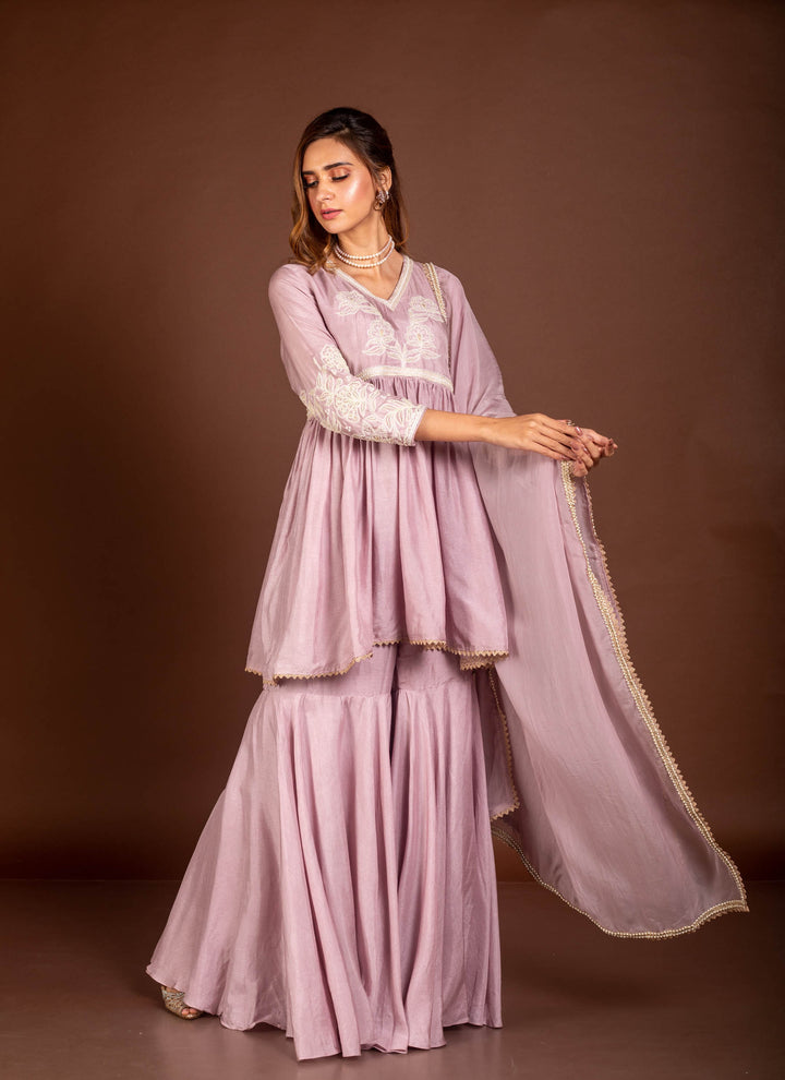 Lavender pearl peplum with sharara and dupatta