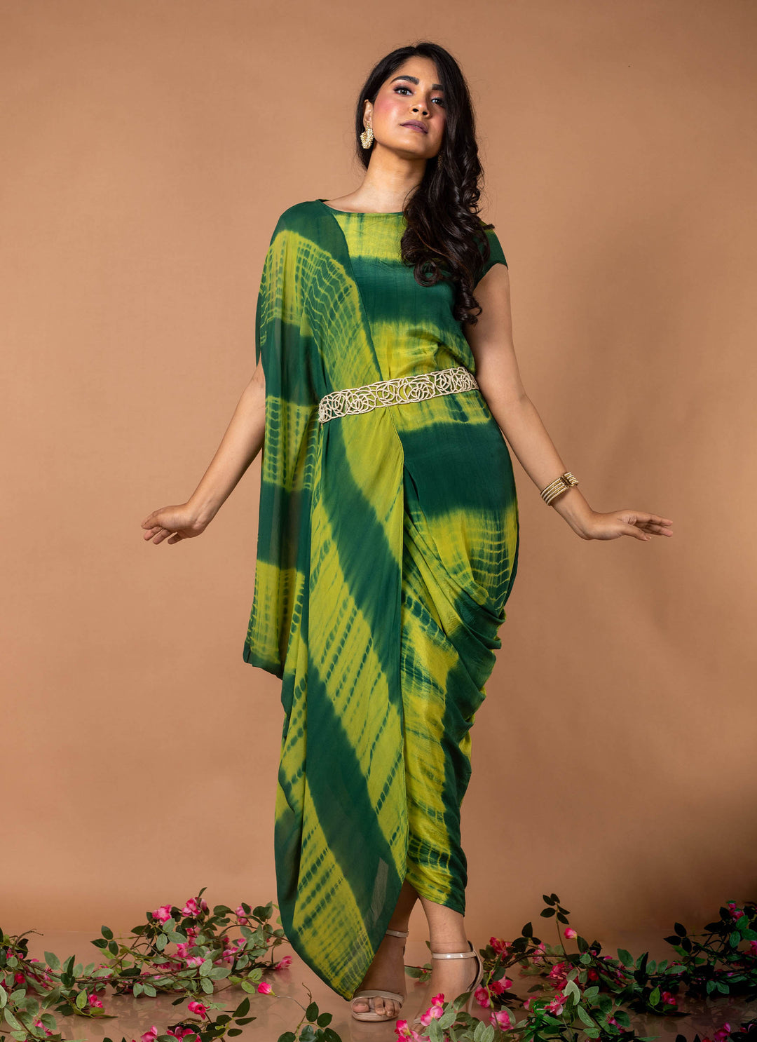 Green tie & dye drape dress with pearl belt
