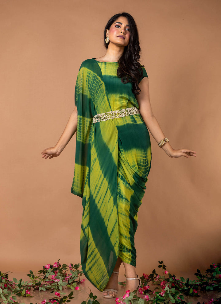 Green tie & dye drape dress with pearl belt