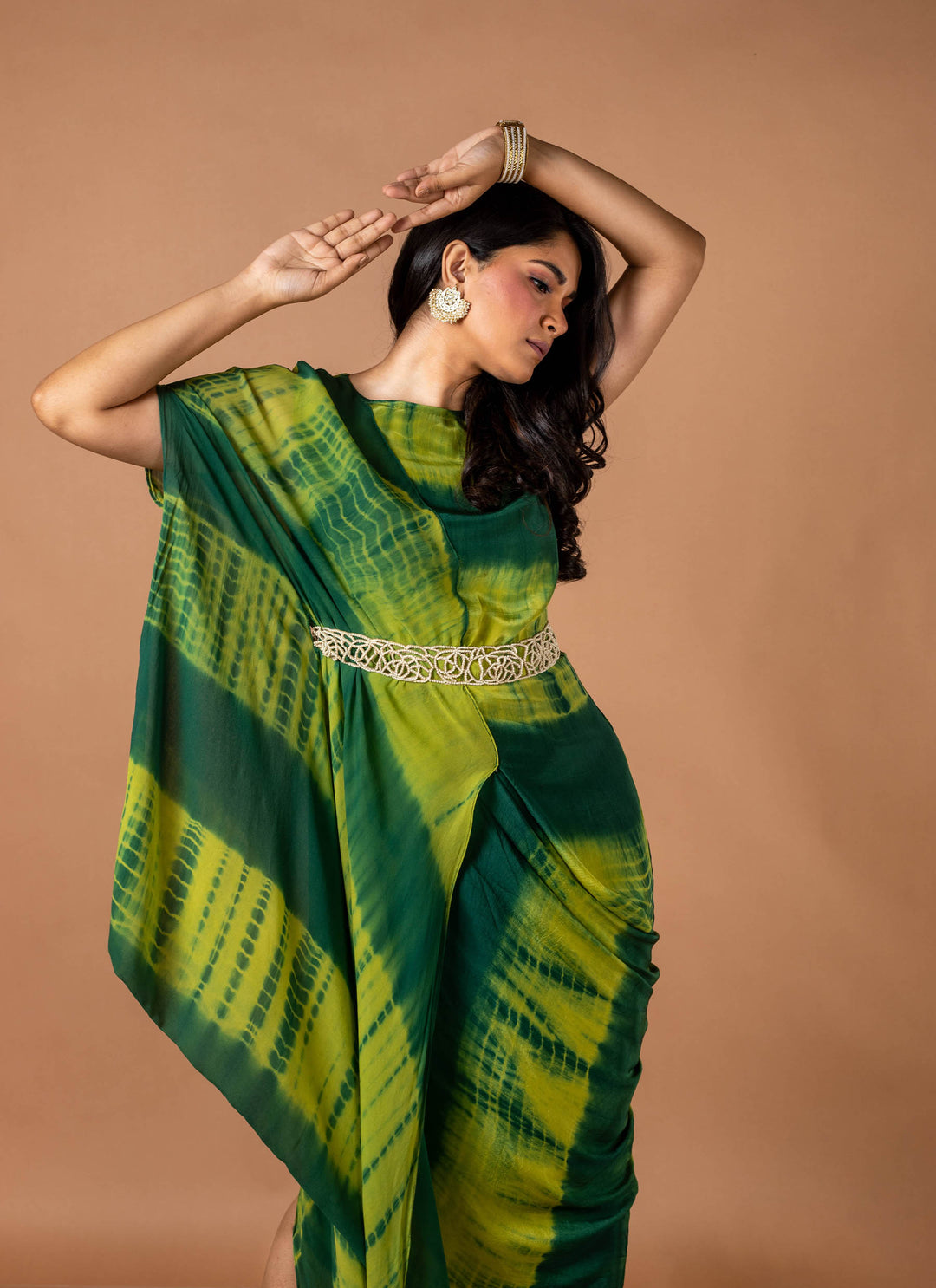 Green tie & dye drape dress with pearl belt