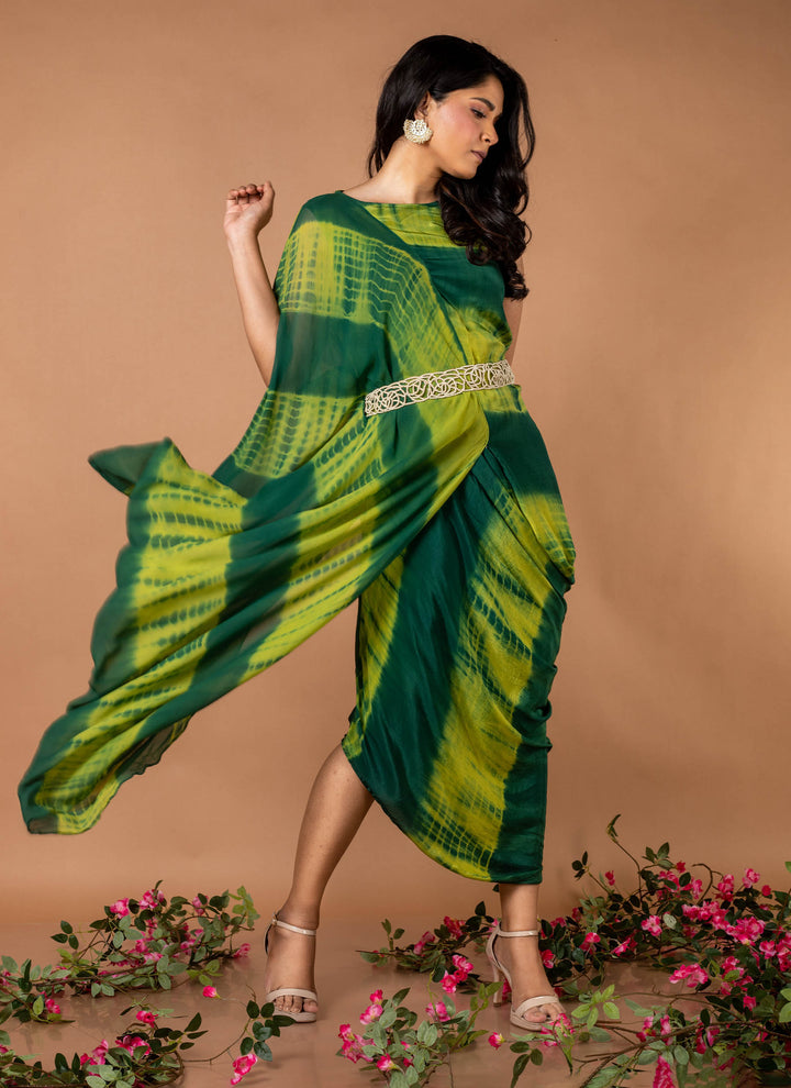 Green tie & dye drape dress with pearl belt