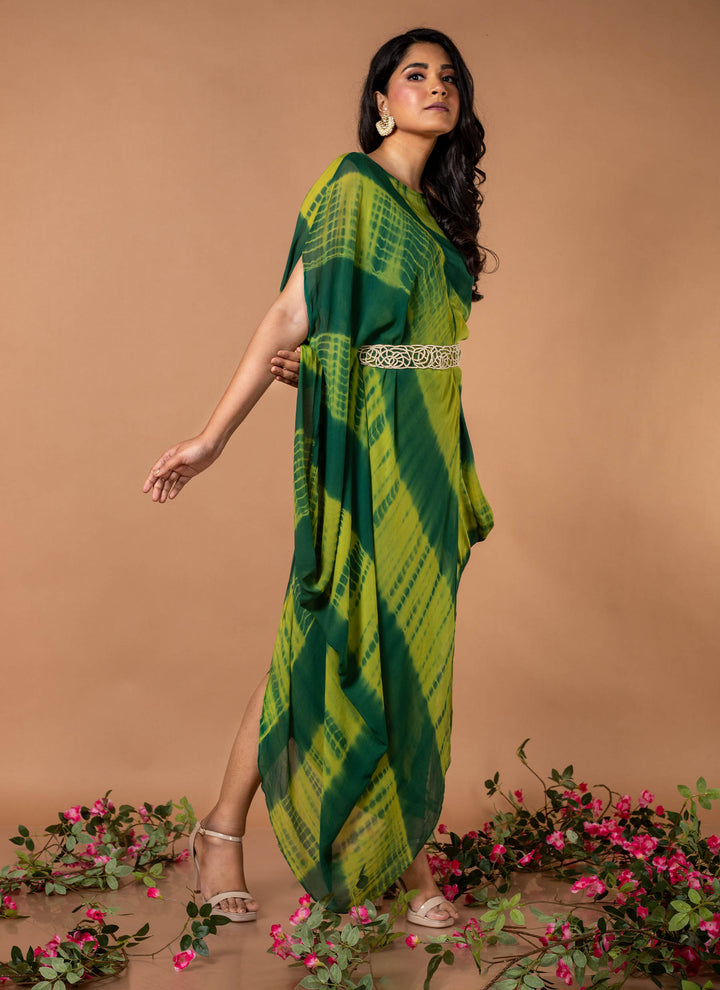Green tie & dye drape dress with pearl belt