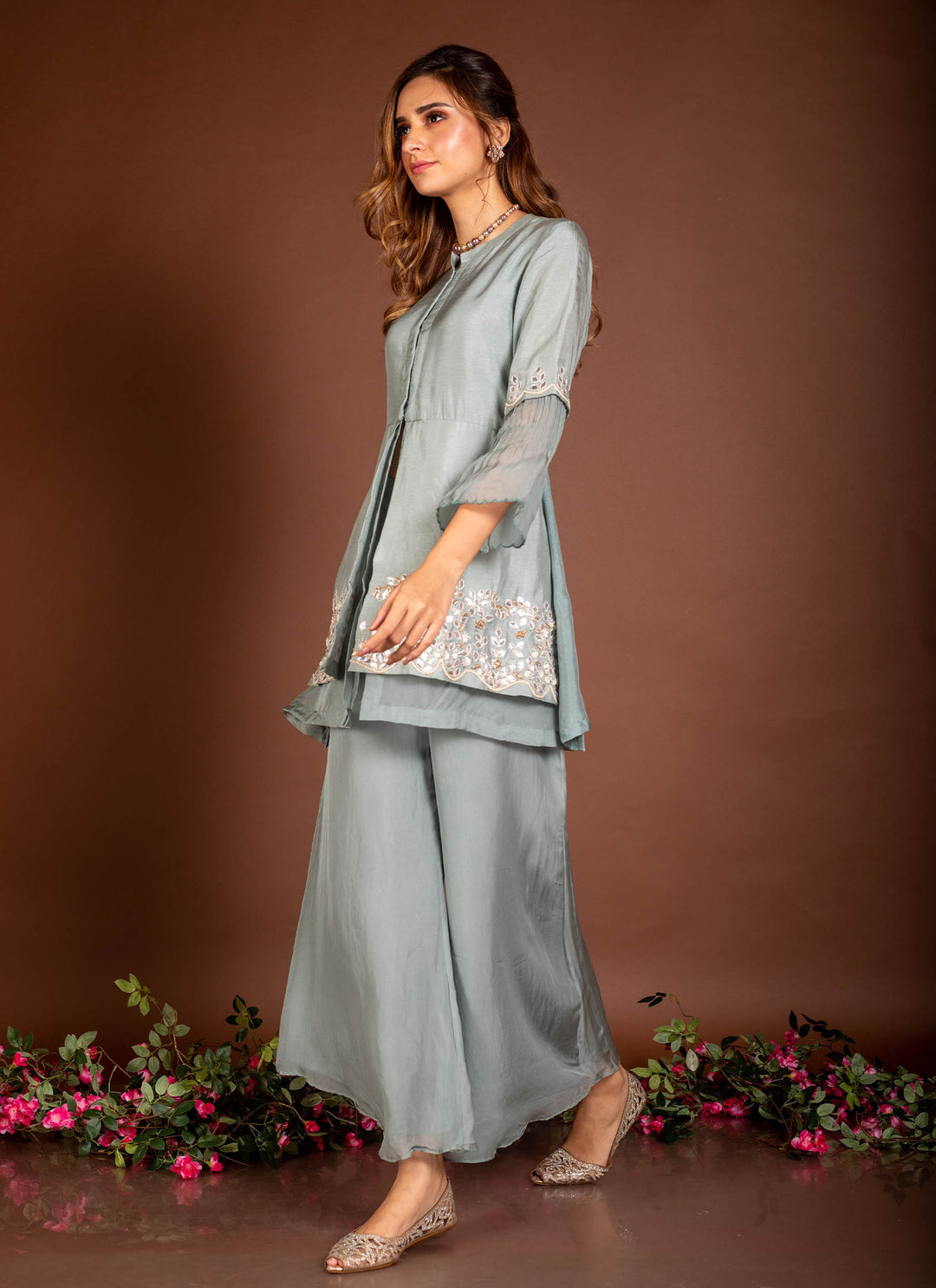 ICE-BLUE GOTA PATTI JACKET WITH SHARARA PANTS