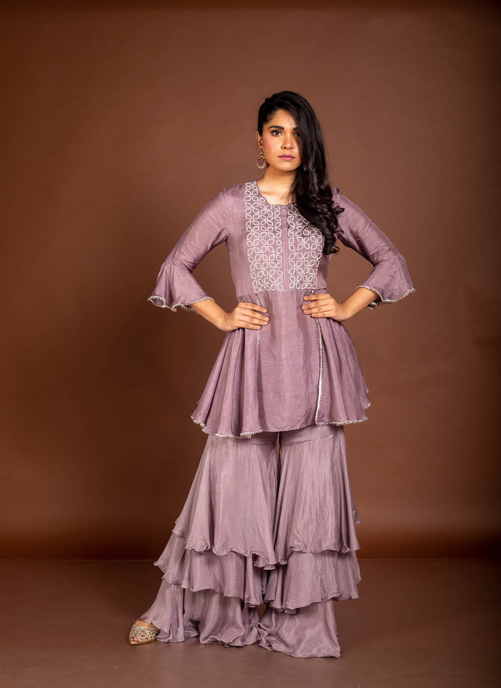 Mauve Peplum Bell Sleeves Tunic With Layered Sharara