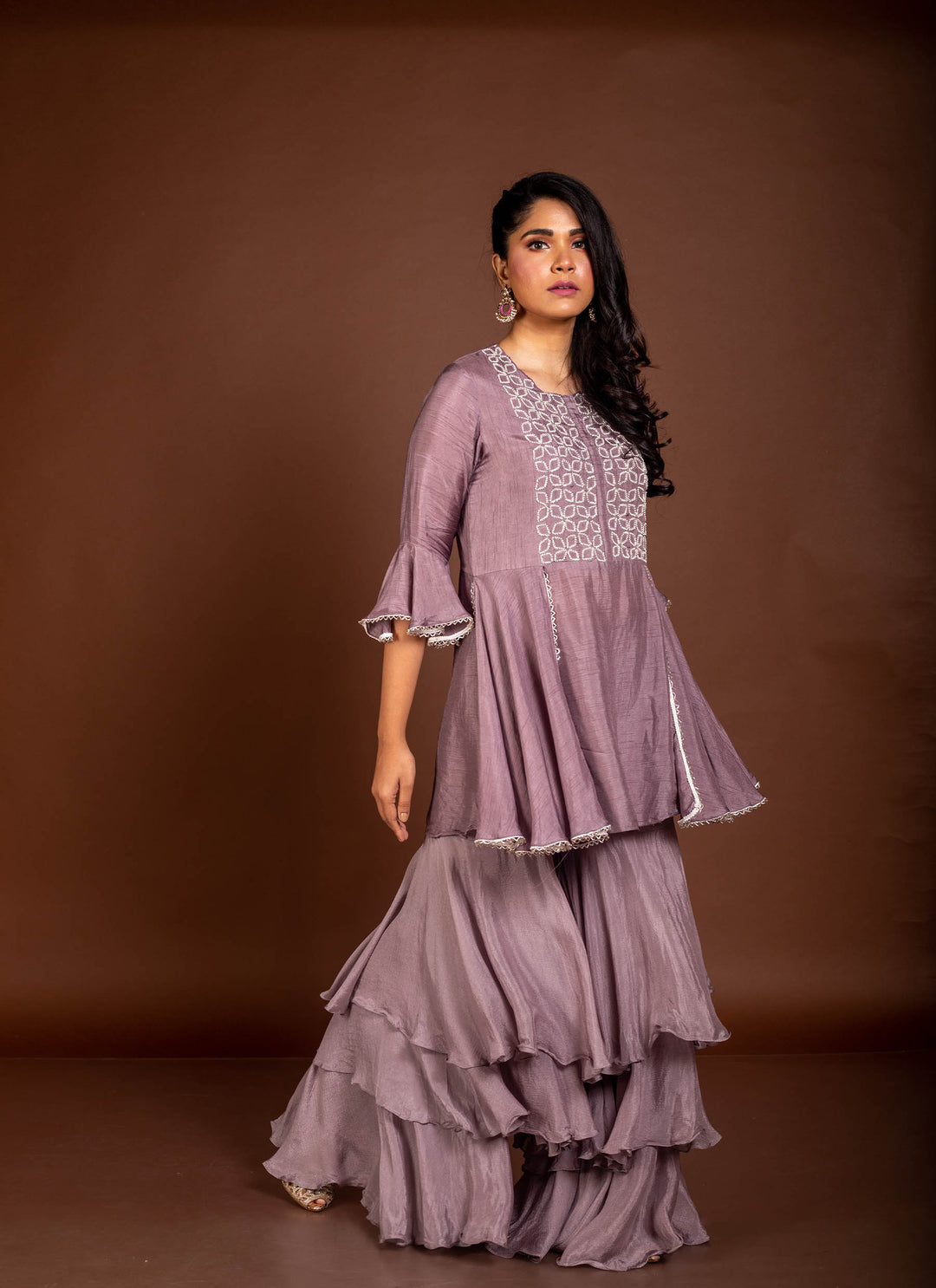 Mauve Peplum Bell Sleeves Tunic With Layered Sharara