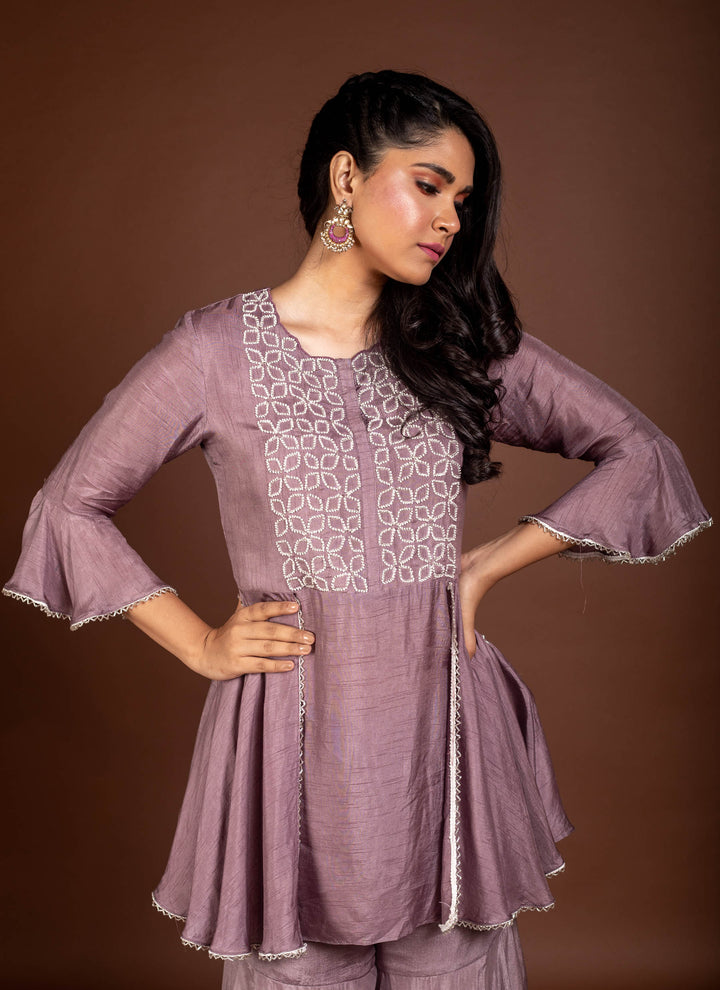 Mauve Peplum Bell Sleeves Tunic With Layered Sharara