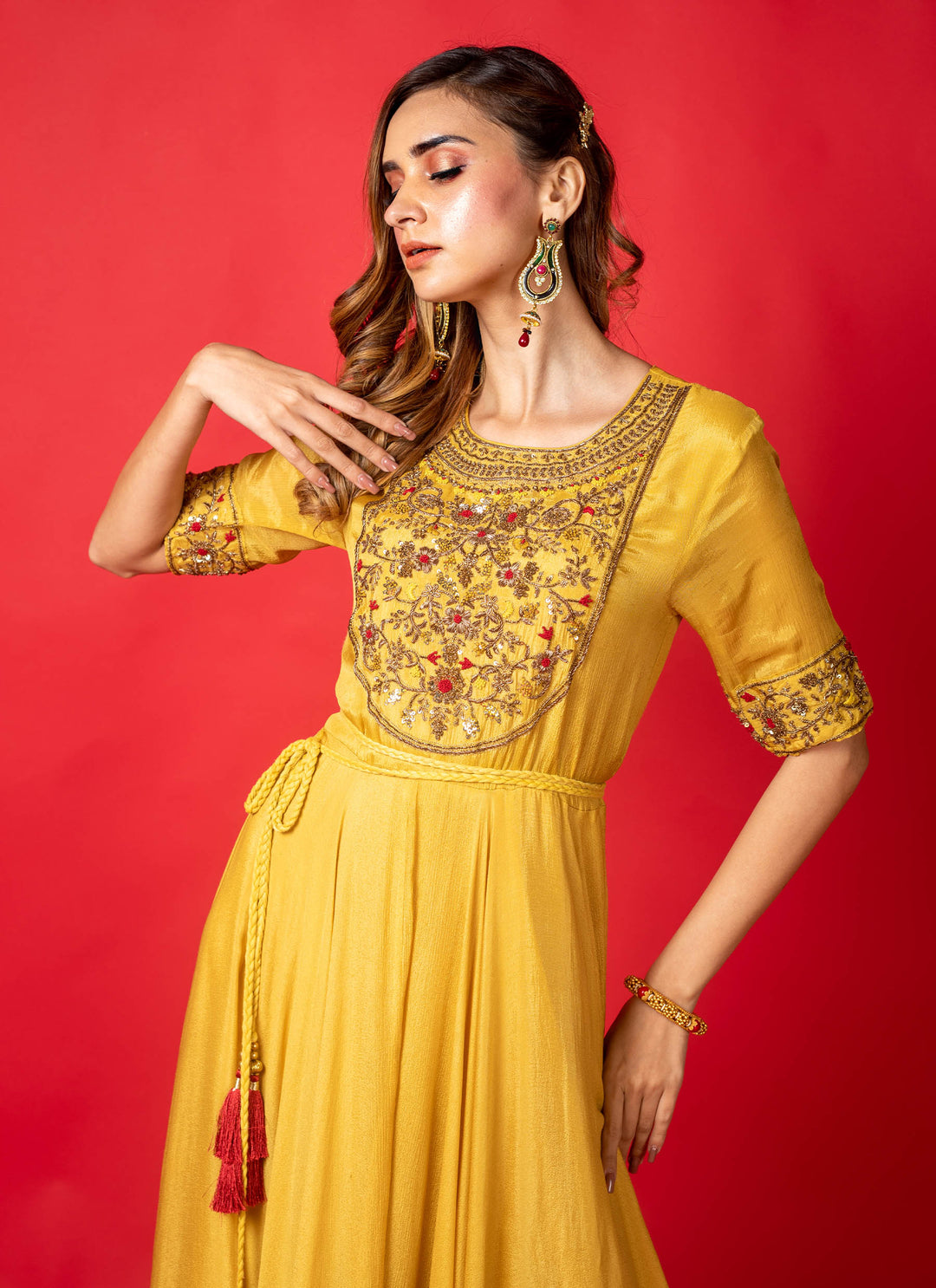 Yellow ombre chinon flared gown with belt