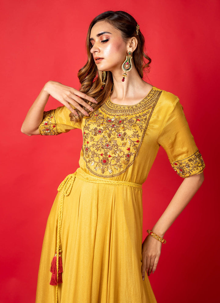 Yellow ombre chinon flared gown with belt