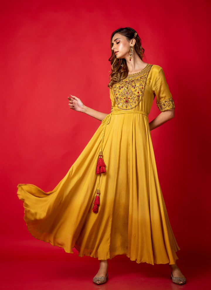 Yellow ombre chinon flared gown with belt