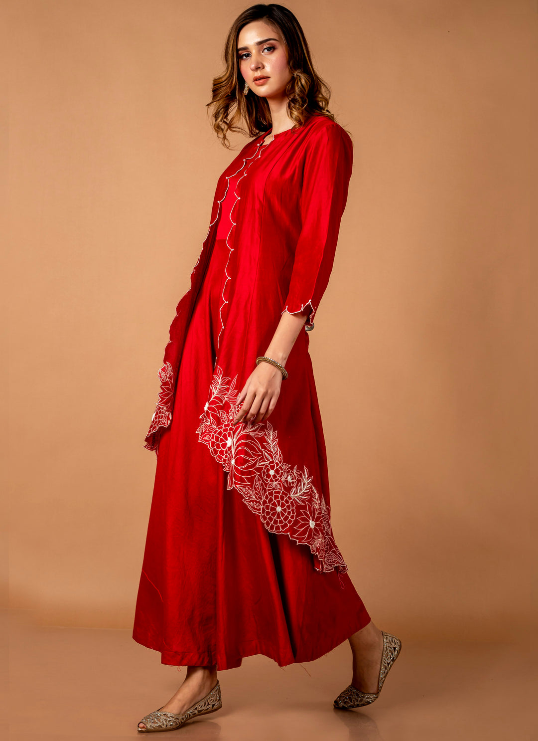 Red Chanderi Gown With Embroidered Jacket