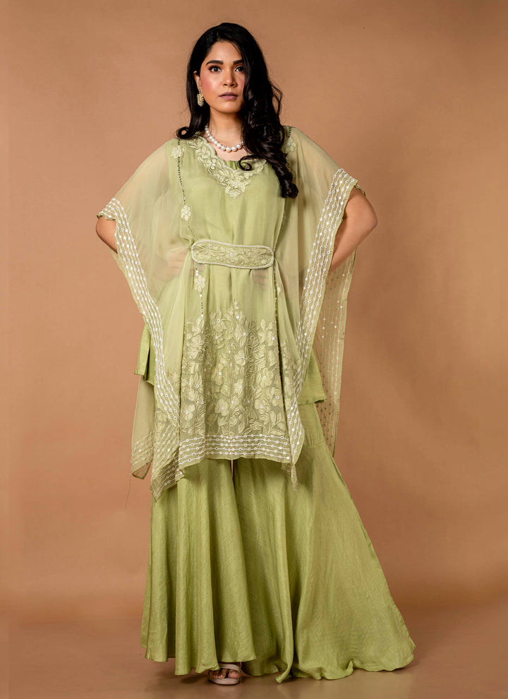 Green Applique Kaftan With Sharara Pants And Belt