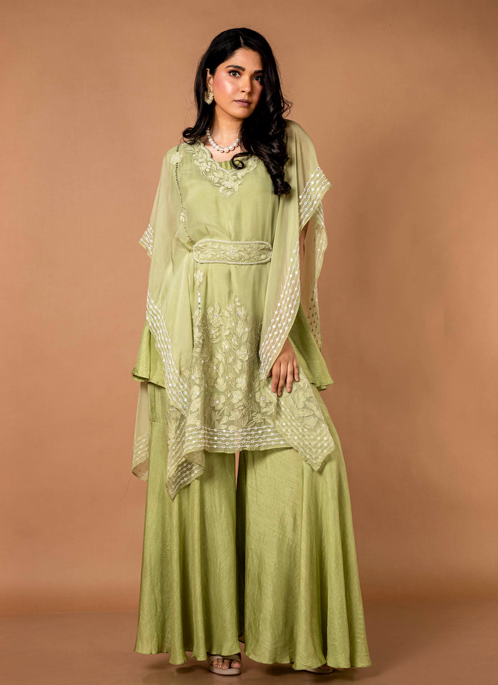 Green Applique Kaftan With Sharara Pants And Belt