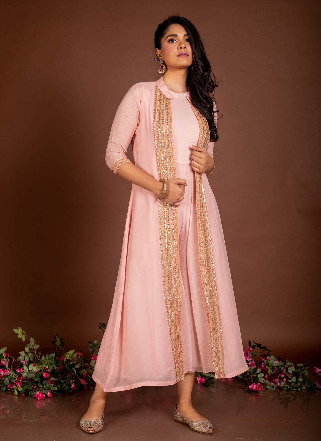 Baby Pink chiffon jumpsuit with organza jacket