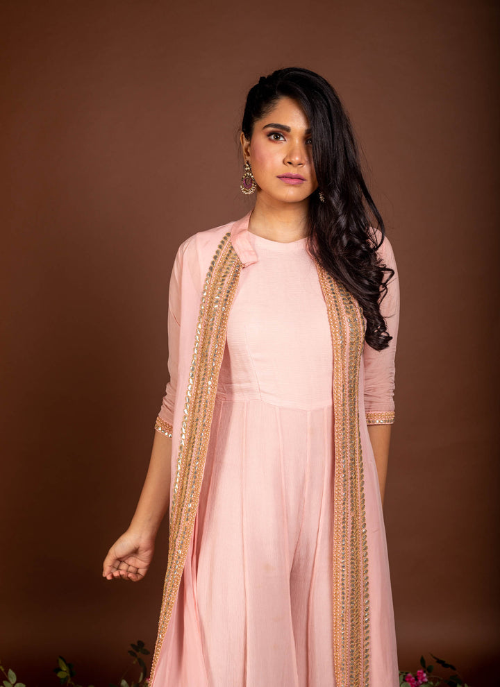 Baby Pink chiffon jumpsuit with organza jacket