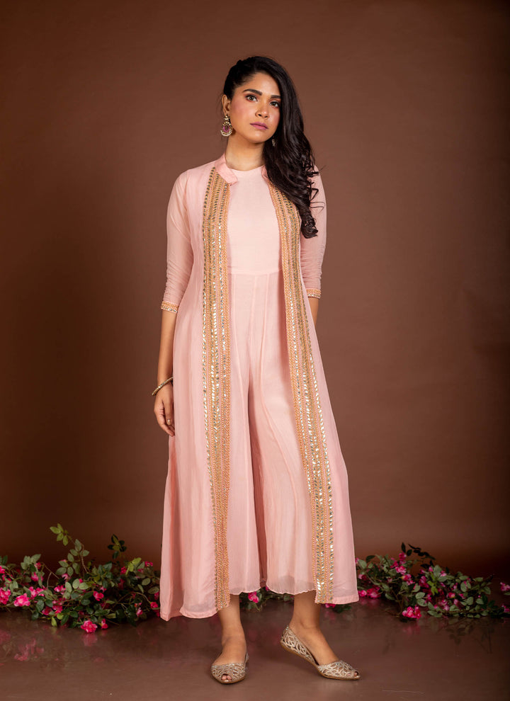 Baby Pink chiffon jumpsuit with organza jacket