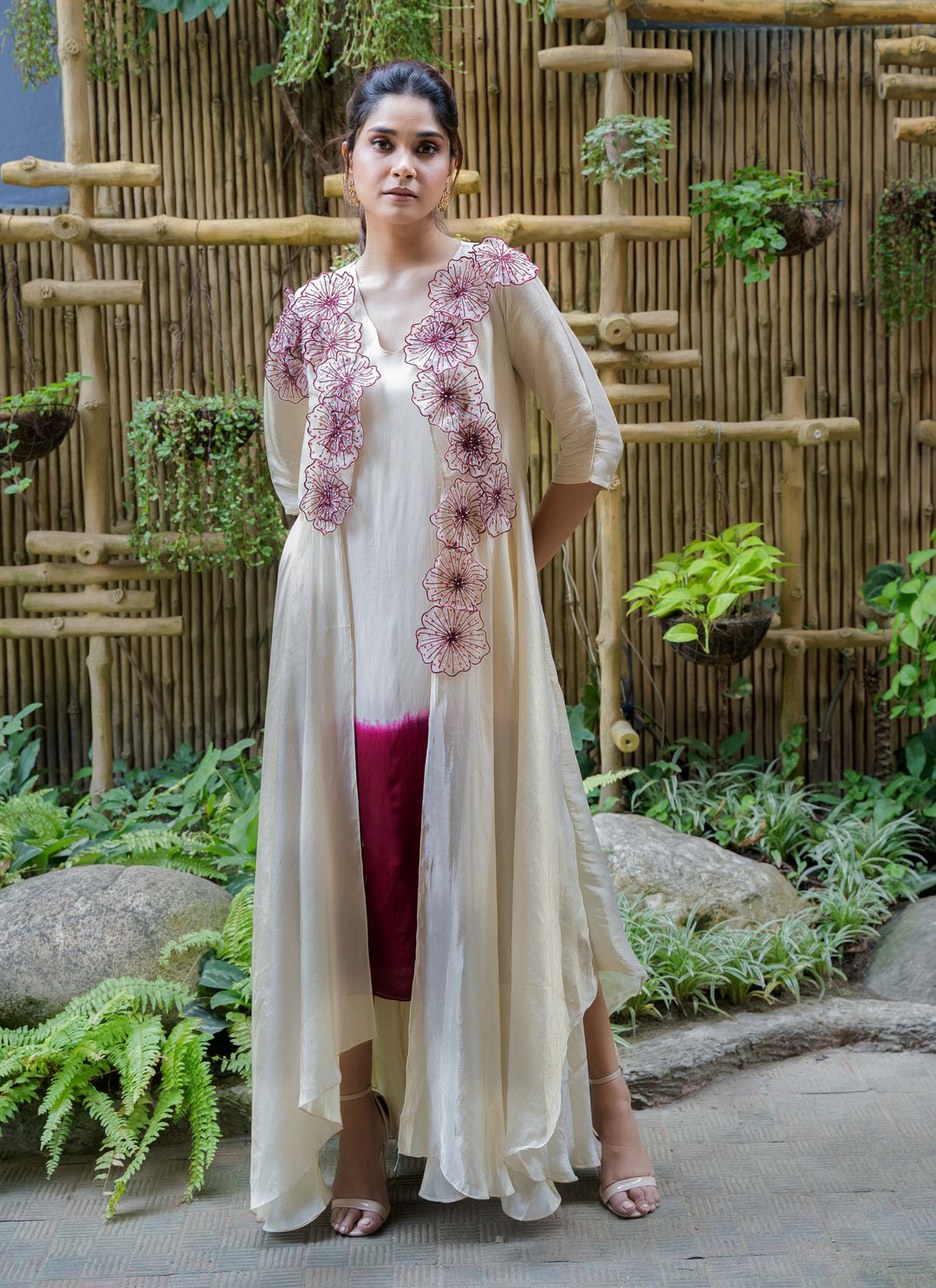 Maroon Shaded Dress With Asymmetrical Tissue Jacket - 1