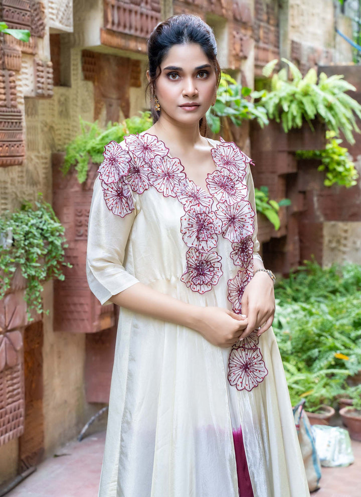 Maroon Shaded Dress With Asymmetrical Tissue Jacket - 2