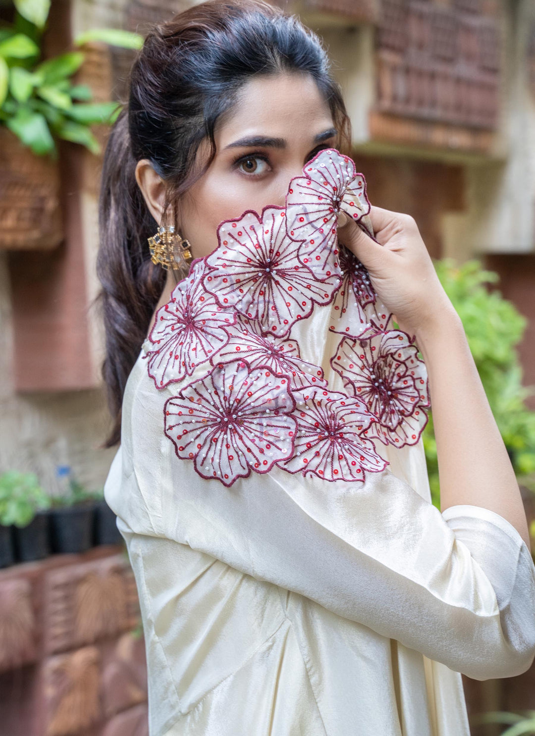 Maroon Shaded Dress With Asymmetrical Tissue Jacket - 3