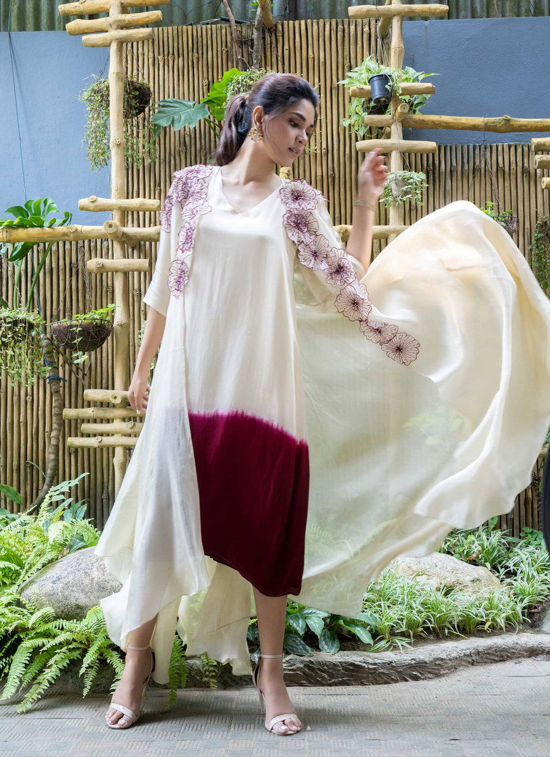 Maroon Shaded Dress With Asymmetrical Tissue Jacket - 4