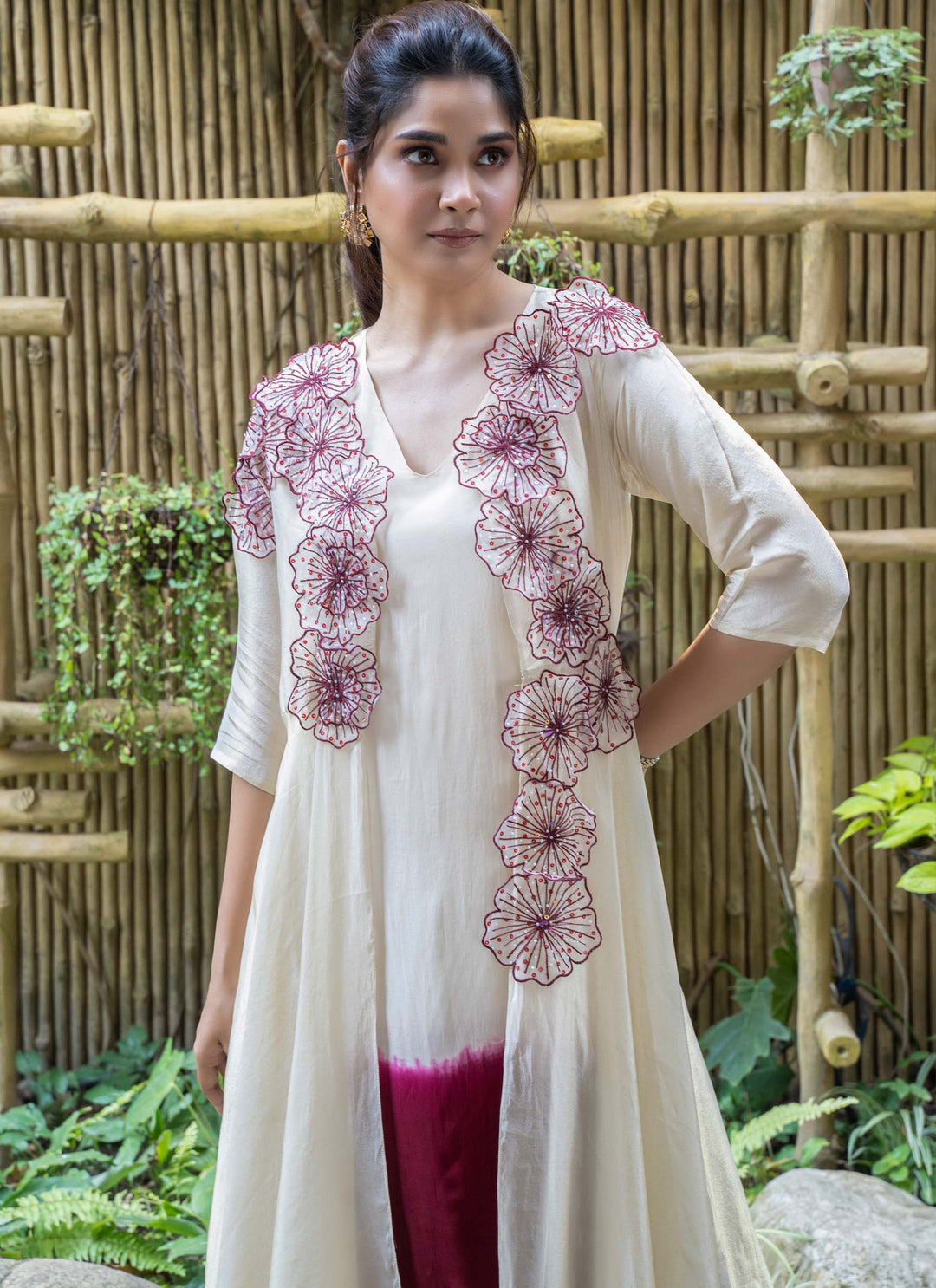 Maroon Shaded Dress With Asymmetrical Tissue Jacket - 5