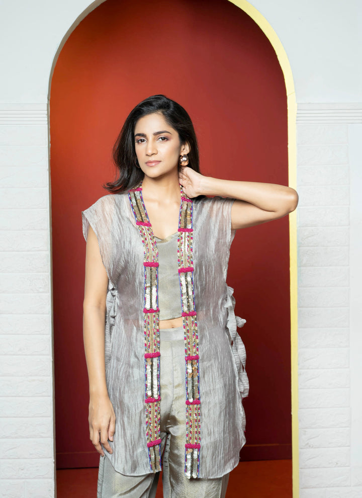 Grey Open Jacket Hand Embroidered Tissue Co-ord Set