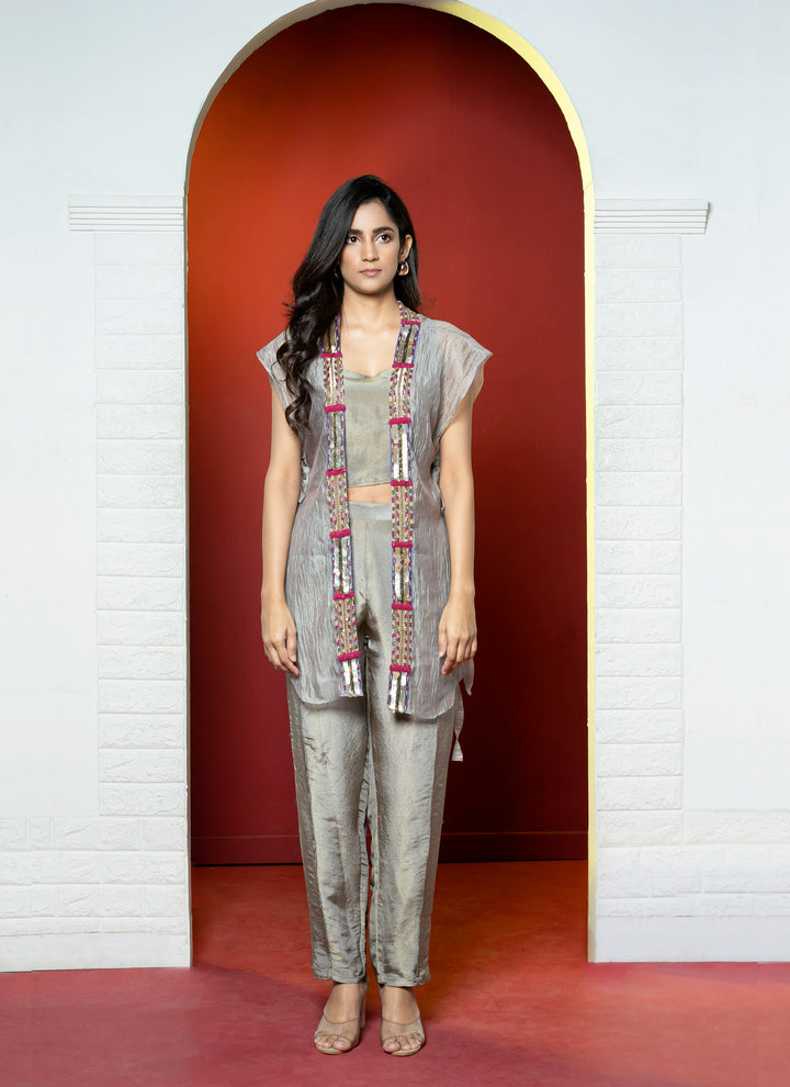 Grey Open Jacket Hand Embroidered Tissue Co-ord Set