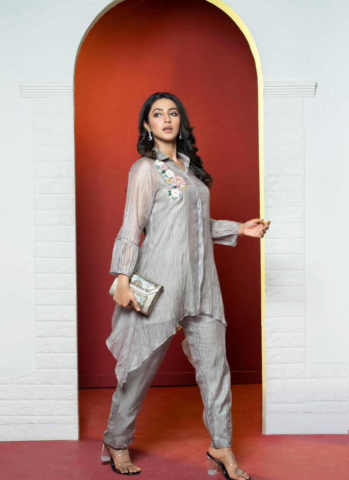Grey Asymmetrical Tissue Tunic With Tissue Flower Embellishment And Pants