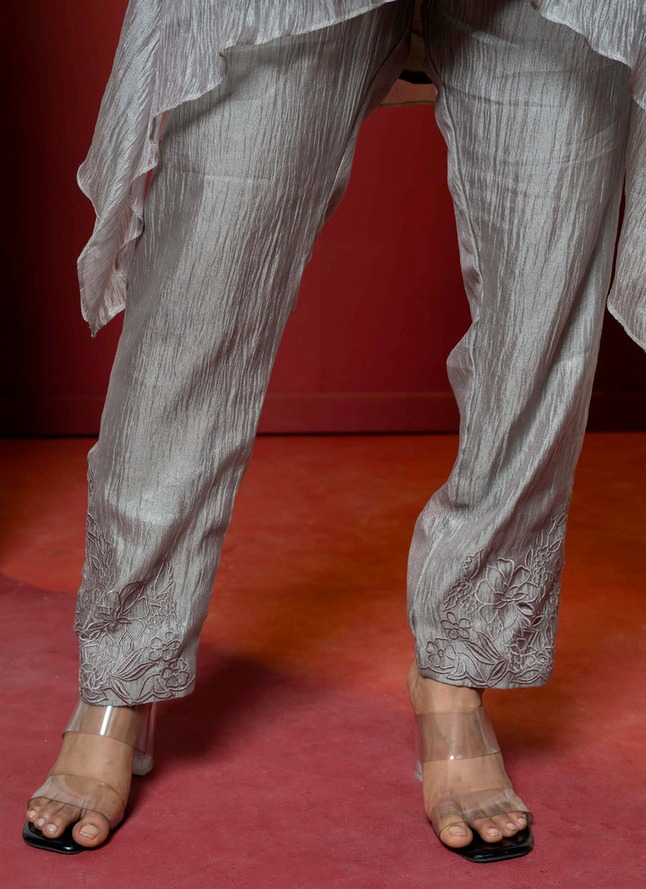 Grey Asymmetrical Tissue Tunic With Tissue Flower Embellishment And Pants