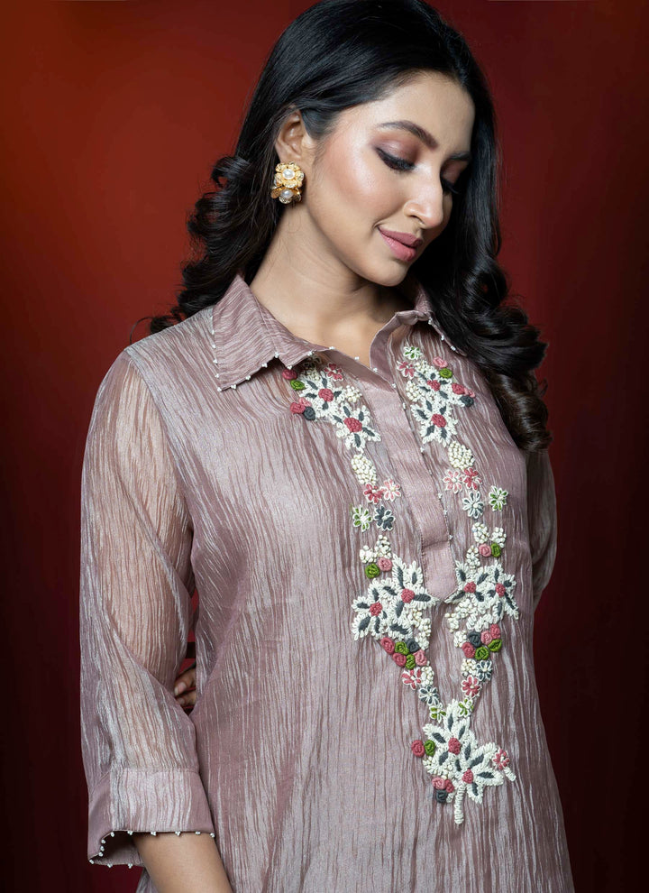 Champagne A-Line Hand Embroidered Tissue Tunic With Pants