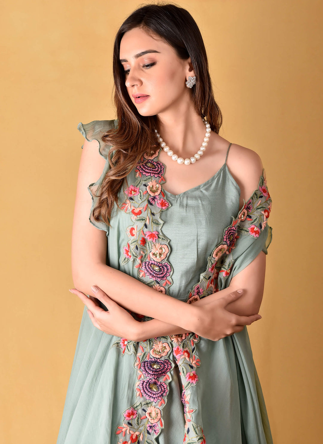 Green Gown With Embroidered Jacket