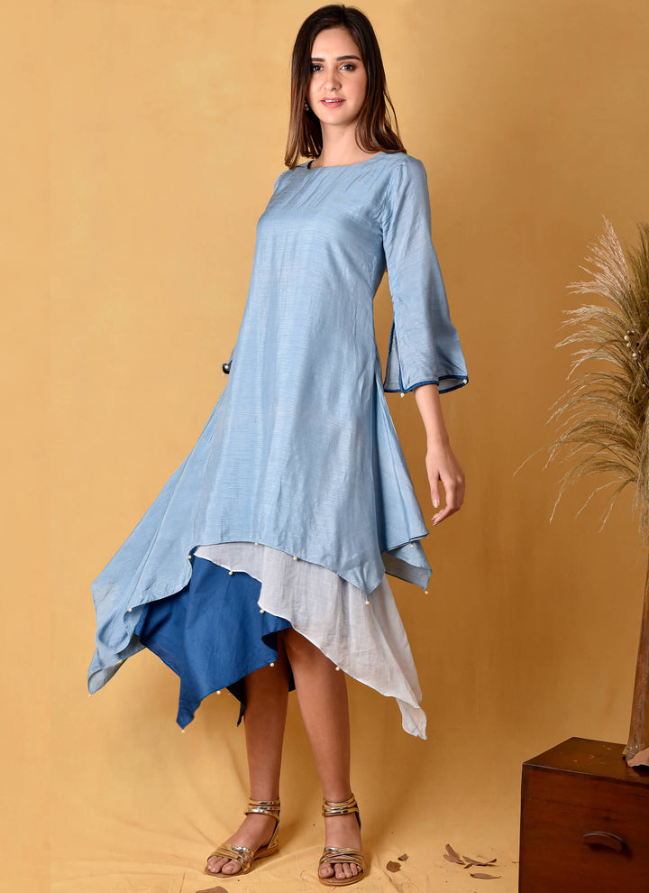 Blue Layered Dress With Stole