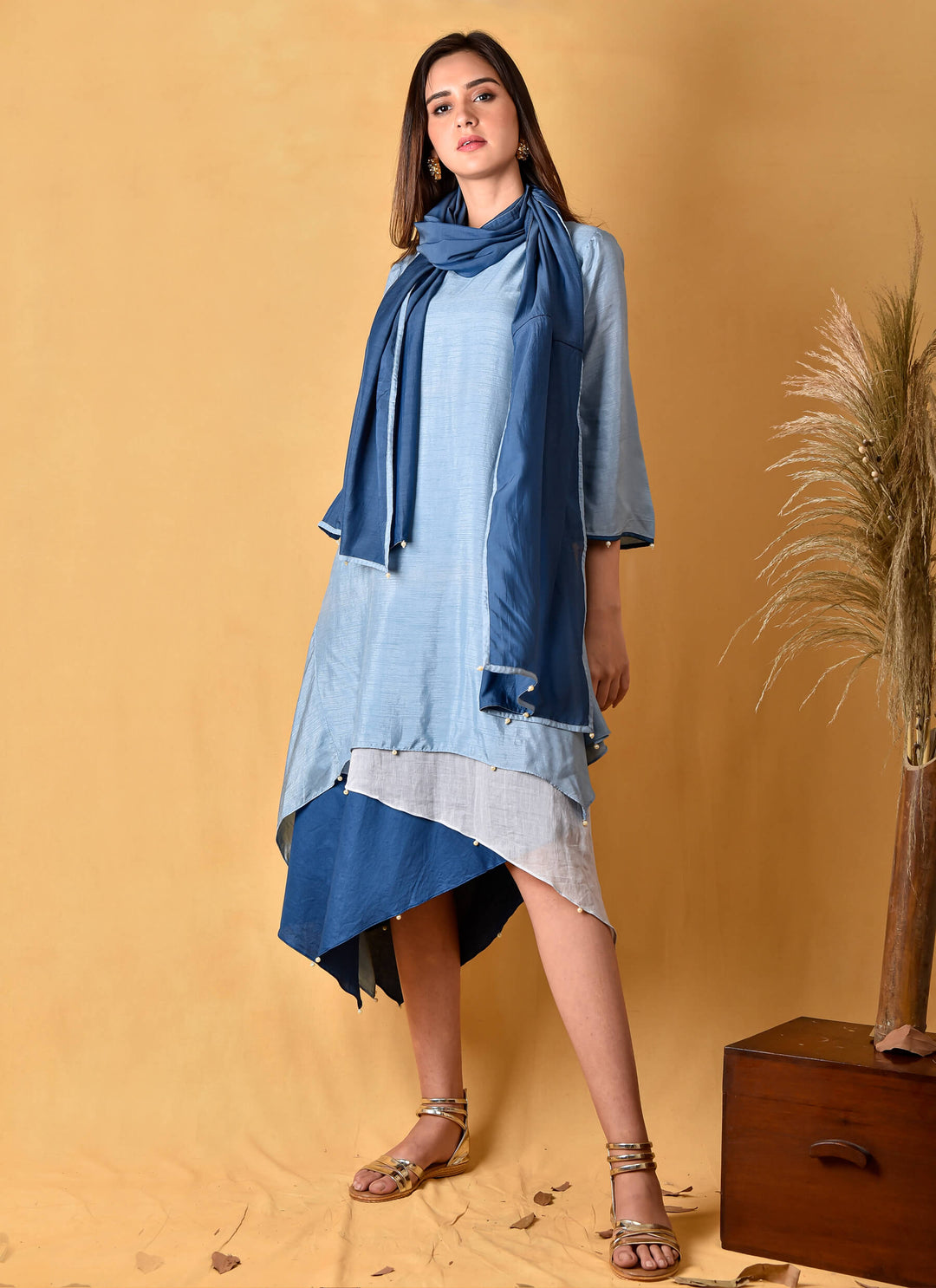 Blue Layered Dress With Stole