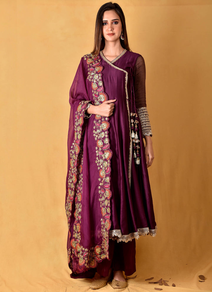 Purple Angarkha With Organza Dupatta