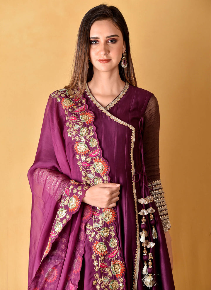 Purple Angarkha With Organza Dupatta