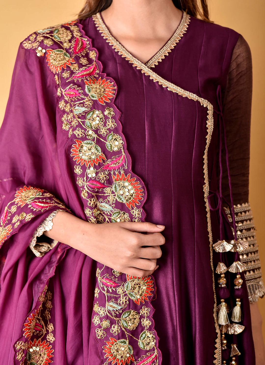 Purple Angarkha With Organza Dupatta