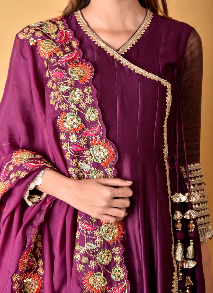Purple Angarkha With Organza Dupatta