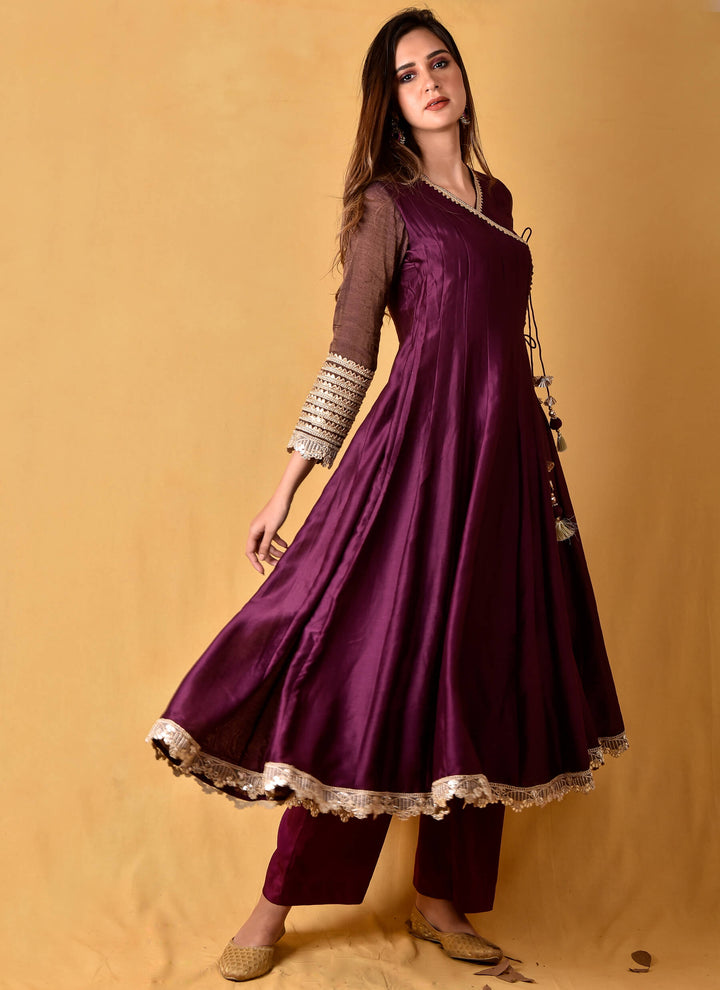 Purple Angarkha With Organza Dupatta