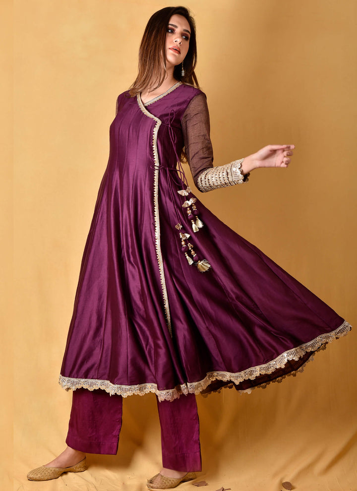 Purple Angarkha With Organza Dupatta