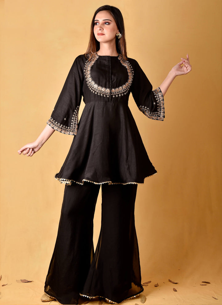 Black Peplum Tunic With Organza Sharara