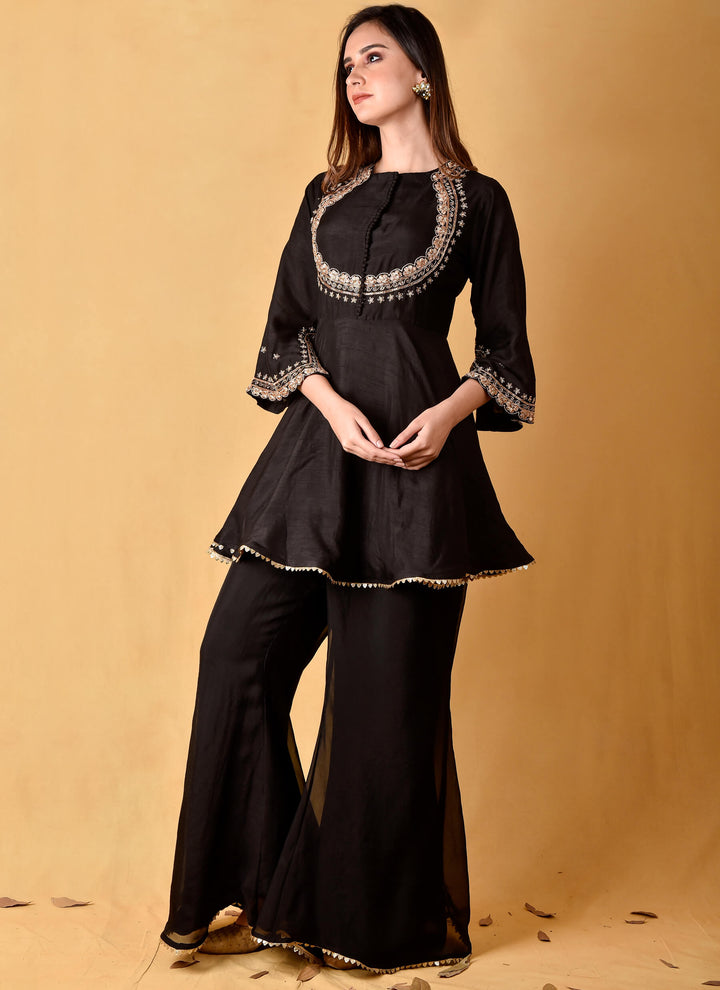 Black Peplum Tunic With Organza Sharara