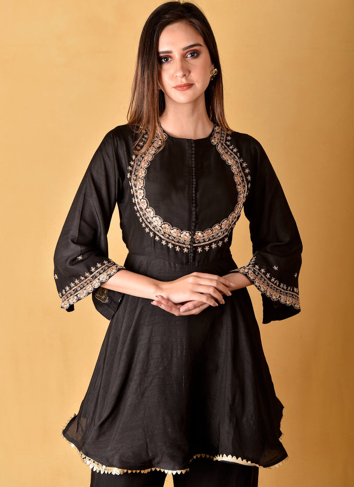 Black Peplum Tunic With Organza Sharara